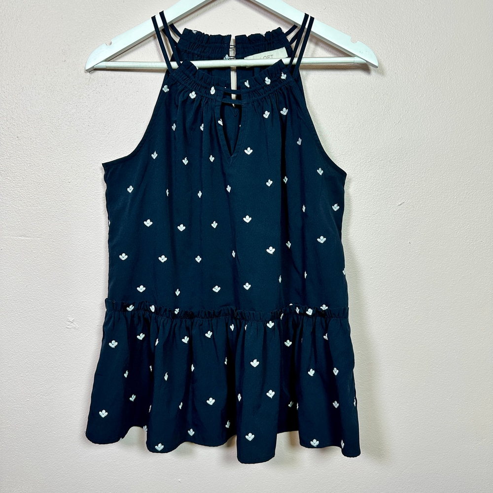 LOFT Navy Flower‎ Embroidered Halter Peplum Top, Size Small